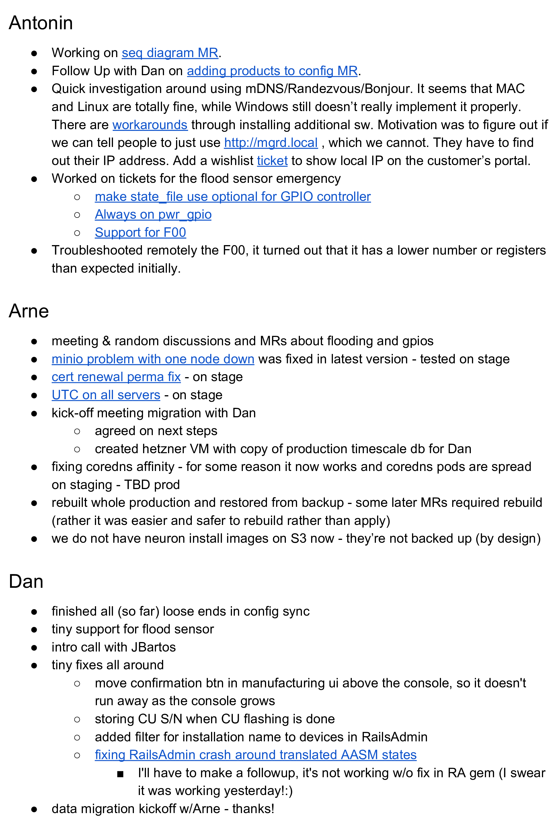 Example page from a written standup document of an IoT project.