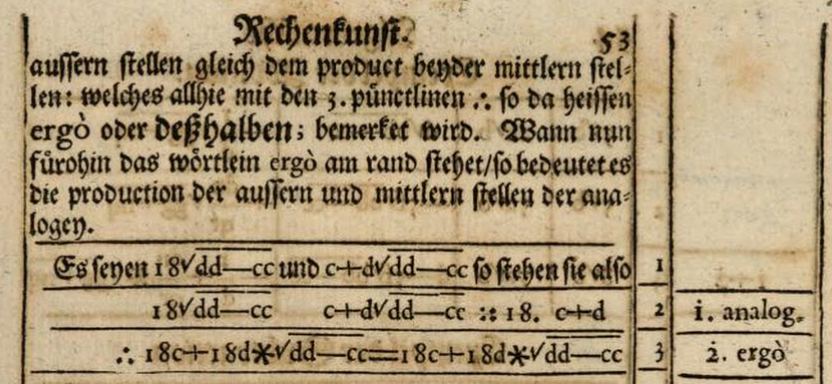 Strana 53 pojednání Teutche Algebra Johanna Rahna vydané v roce 1659.